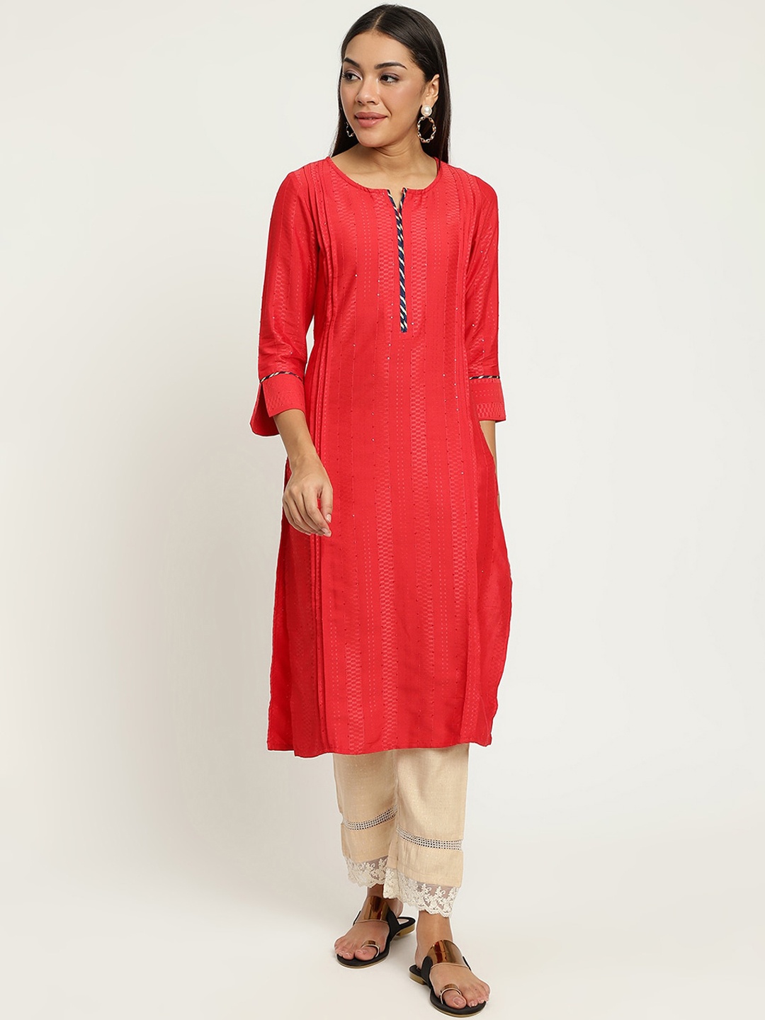 

Be Indi Women Round Neck Solid Straight Side Slits Regular Kurta, Red