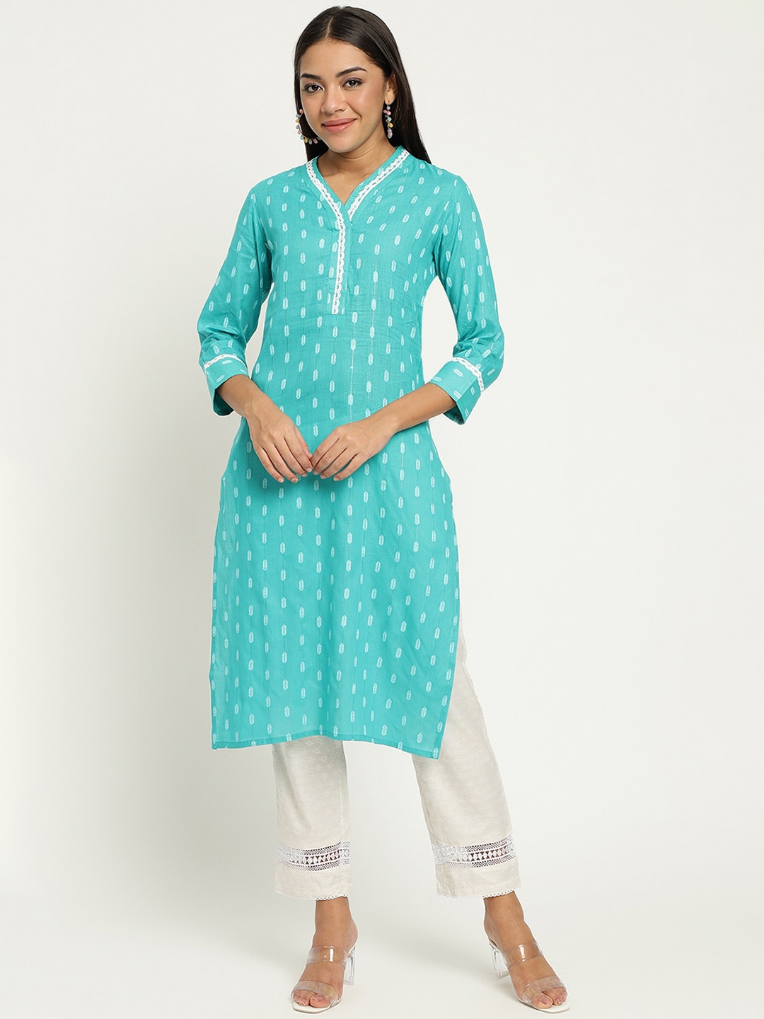 

Be Indi Women V-Neck Ethnic Motifs Straight Side Slits Regular Kurta, Turquoise blue