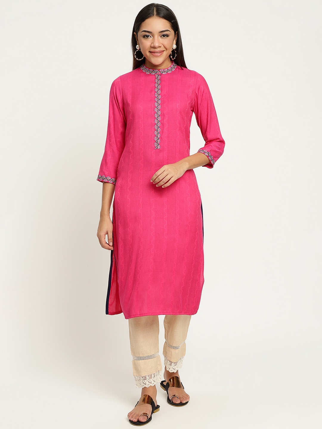 

Be Indi Women Mandarin Collar Floral Straight Side Slits Festive Kurta, Fuchsia
