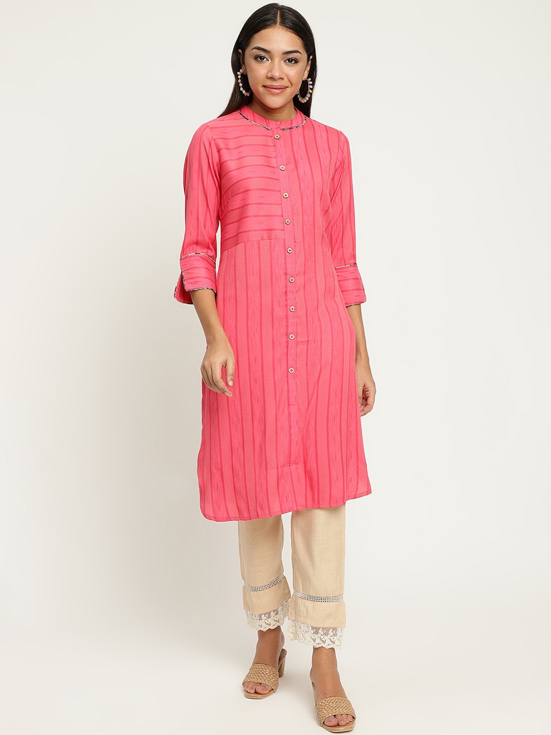 

Be Indi Women Mandarin Collar Striped Straight Front Slit Regular Kurta, Coral