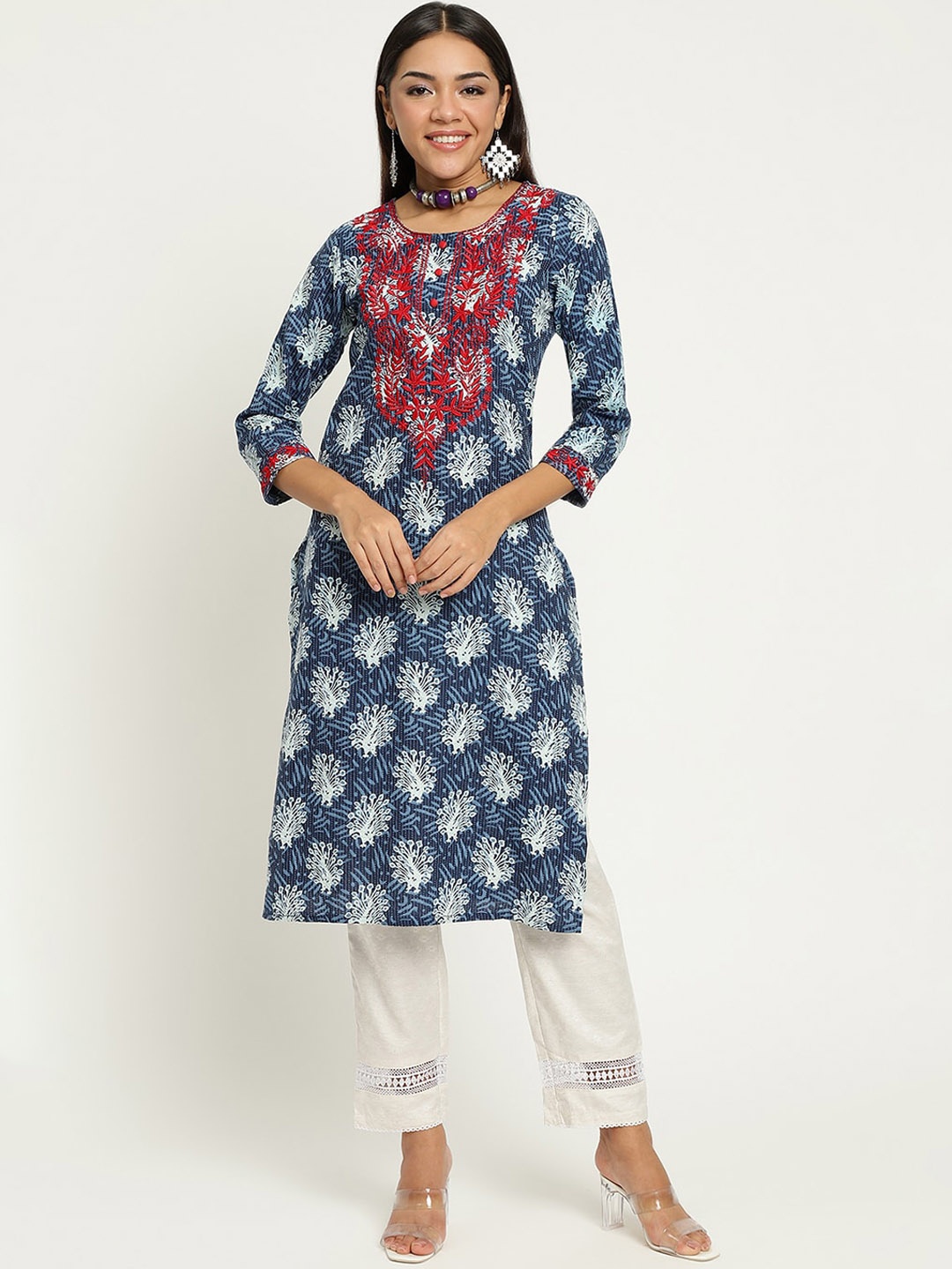 

Be Indi Women Round Neck Ethnic Motifs A-Line Side Slits Festive Kurta, Blue