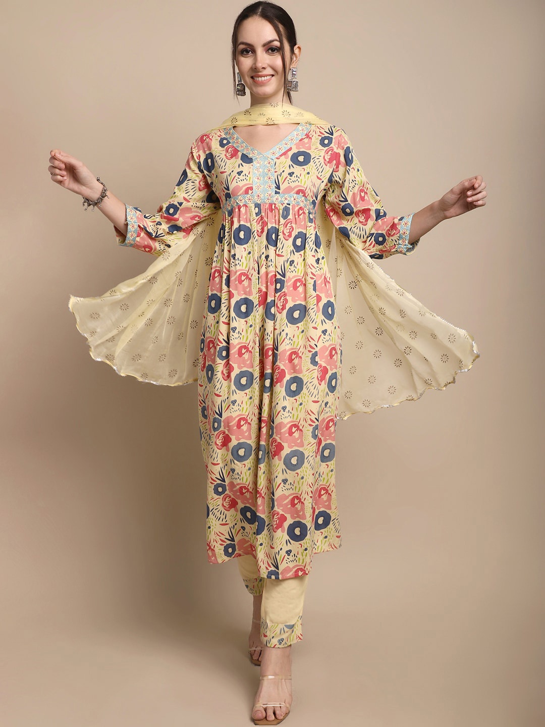 

Sangria Mustard Floral Printed V-Neck Empire A-line Sequinned Kurta Set With Dupatta