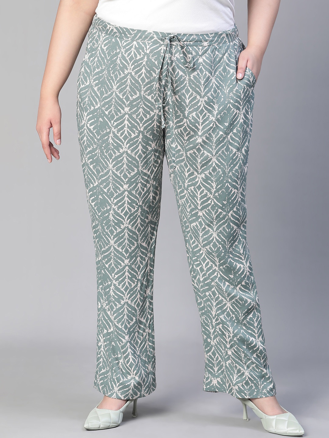 

Oxolloxo Plus Size Women Ethnic Motifs Printed Straight Fit Easy Wash Trousers, Lime green