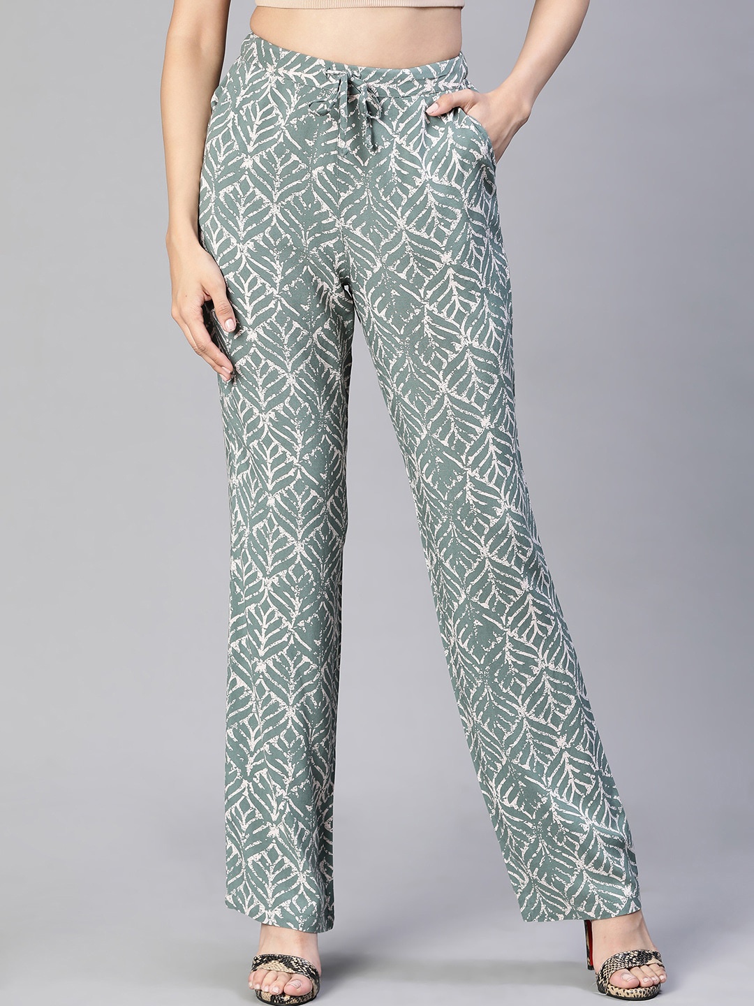 

Oxolloxo Women Light Printed With Tie-Up Flared Trousers, Lime green