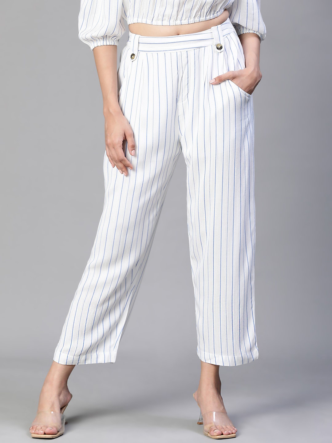 

Oxolloxo Women Stripe Print Elasticated & Buttoned Cotton Trousers, White