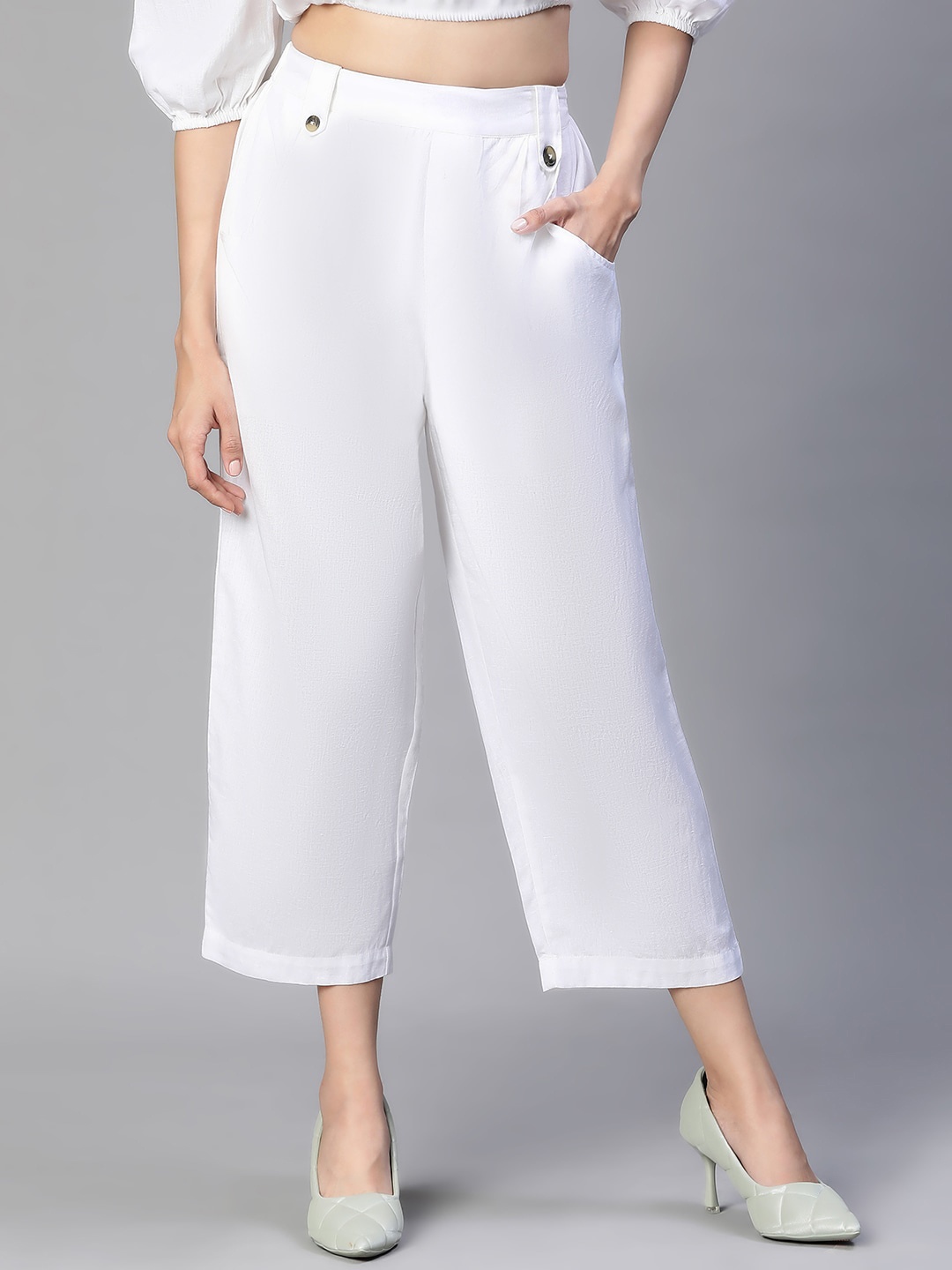 

Oxolloxo Women Elasticated & Buttoned Cotton Trousers, White