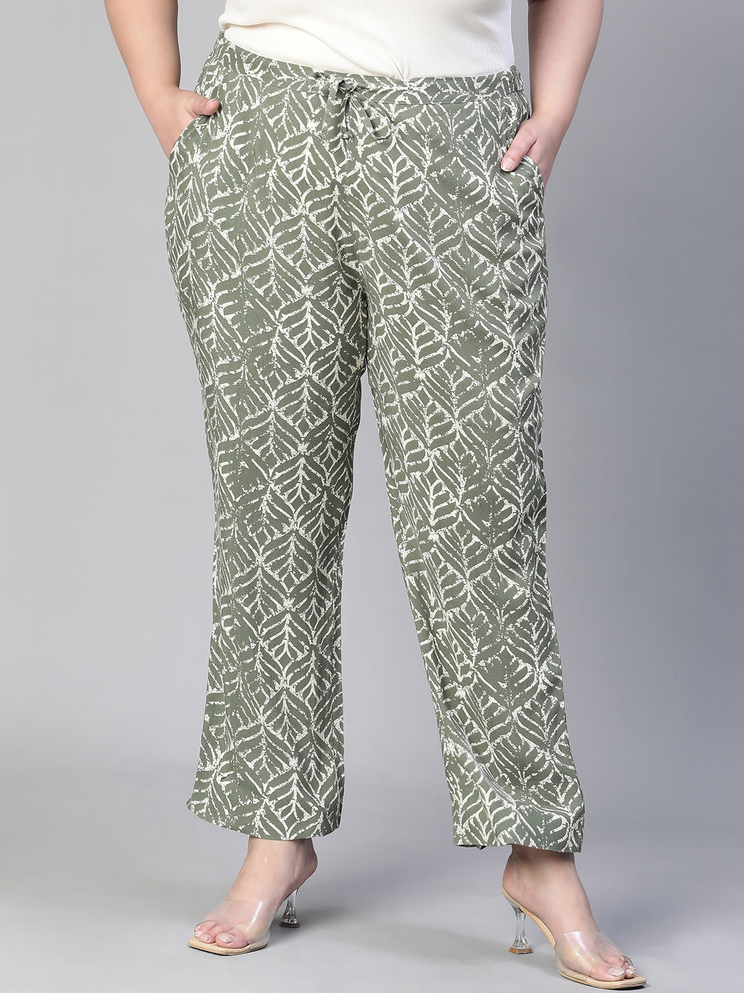 

Oxolloxo Women Plus Size Floral Print Elasticated Tie-Knot Trousers, Green