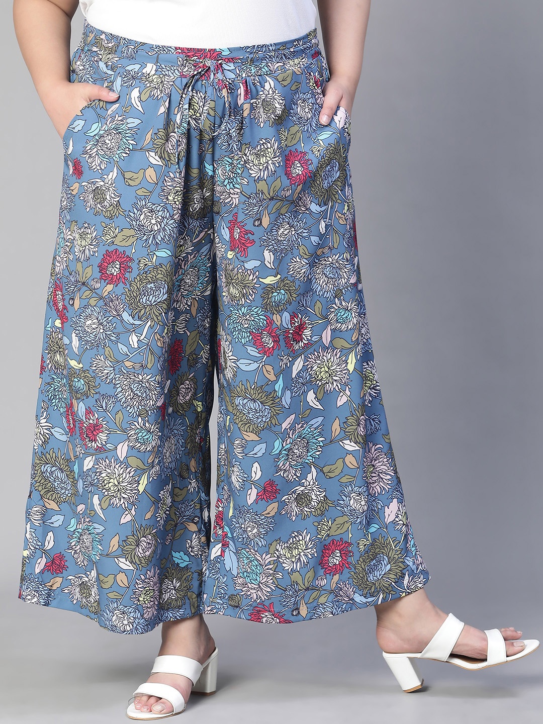 

Oxolloxo Women Plus Size Floral Printed Easy Wash Parallel Trousers, Blue