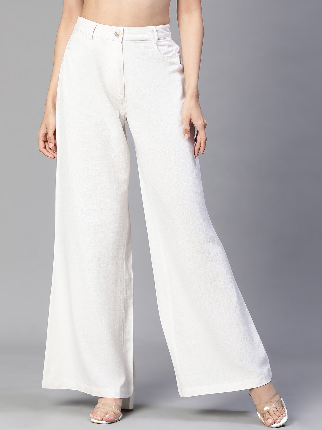 

Oxolloxo Women Flared High-Rise Easy Wash Pure Cotton Parallel Trousers, White