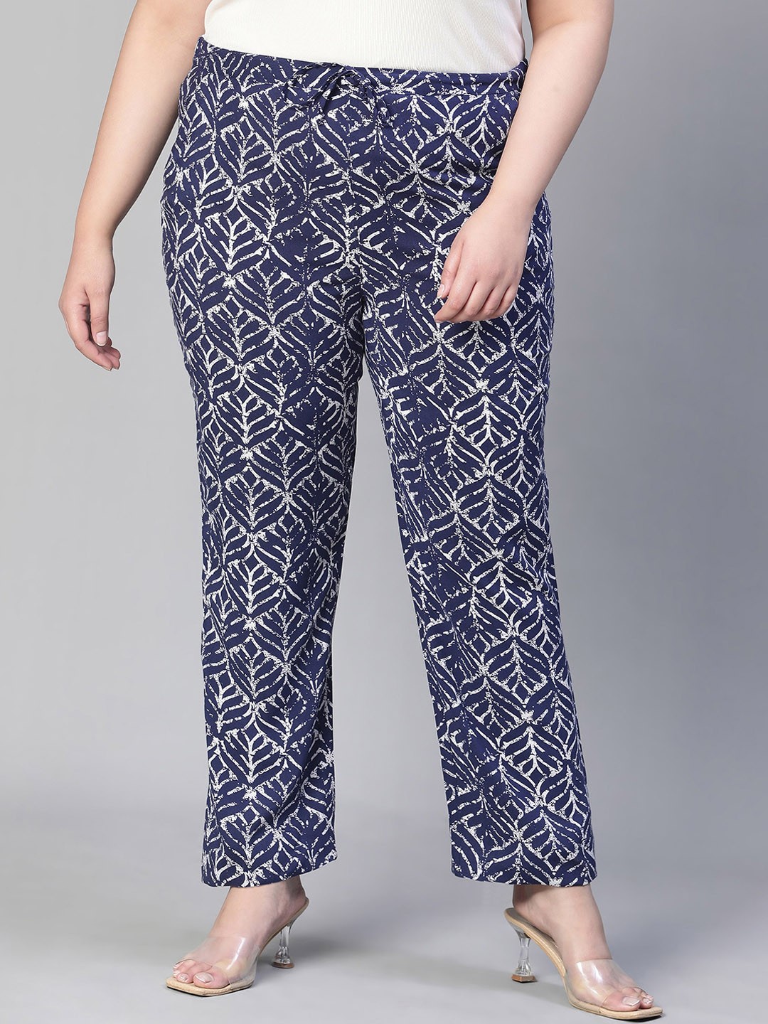 

Oxolloxo Plus Size Women Ethnic Motifs Printed Straight Fit Easy Wash Trousers, Blue