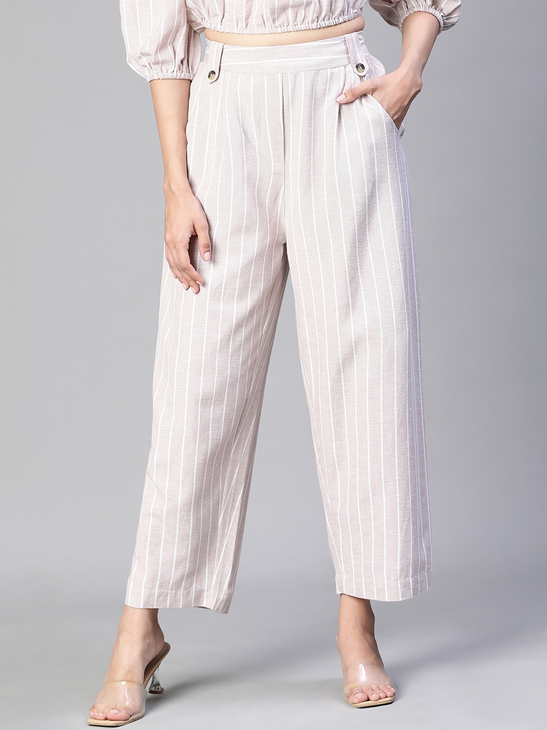 

Oxolloxo Women Striped Relaxed Loose Fit Easy Wash Pleated Cotton Trousers, Beige