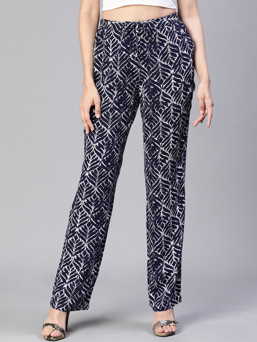 

Oxolloxo Women Printed Elasticatedwith Tie-Up Flared Trousers, Blue