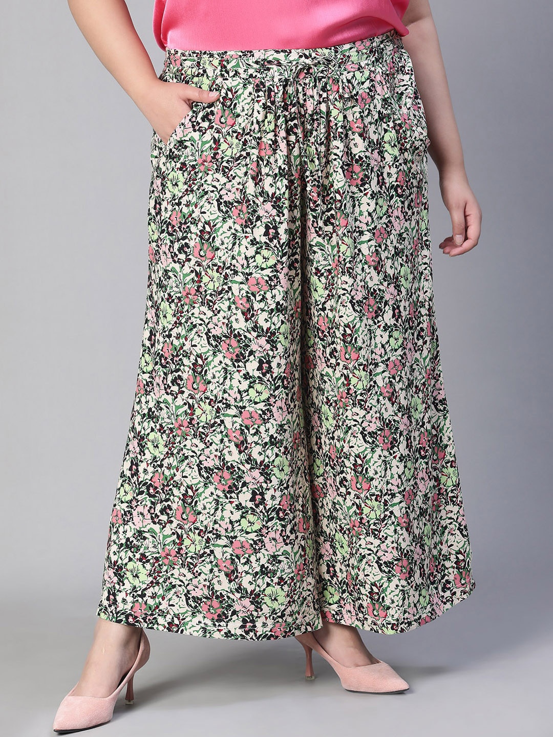 

Oxolloxo Women Plus Size Floral Print Tie-Up Palazzos, Green