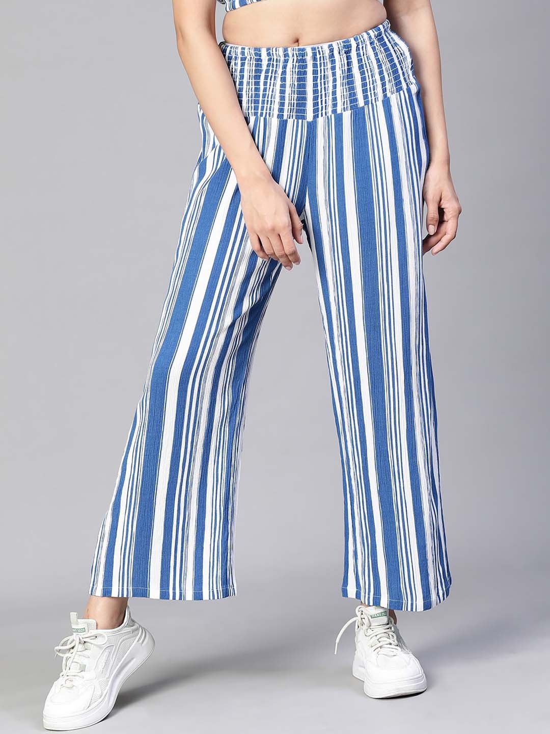 

Oxolloxo Women Striped High-Rise Smocked Relaxed Loose Fit Easy Wash Parallel Trousers, Blue