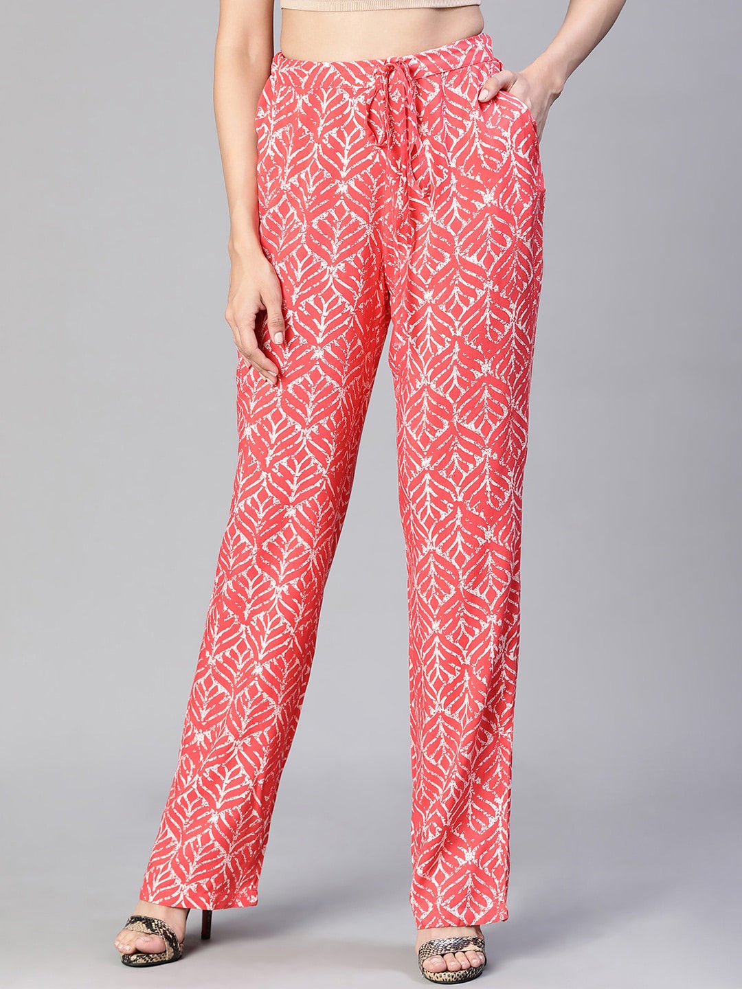 

Oxolloxo Women Floral Printed Relaxed Loose Fit Easy Wash Parallel Trousers, Red