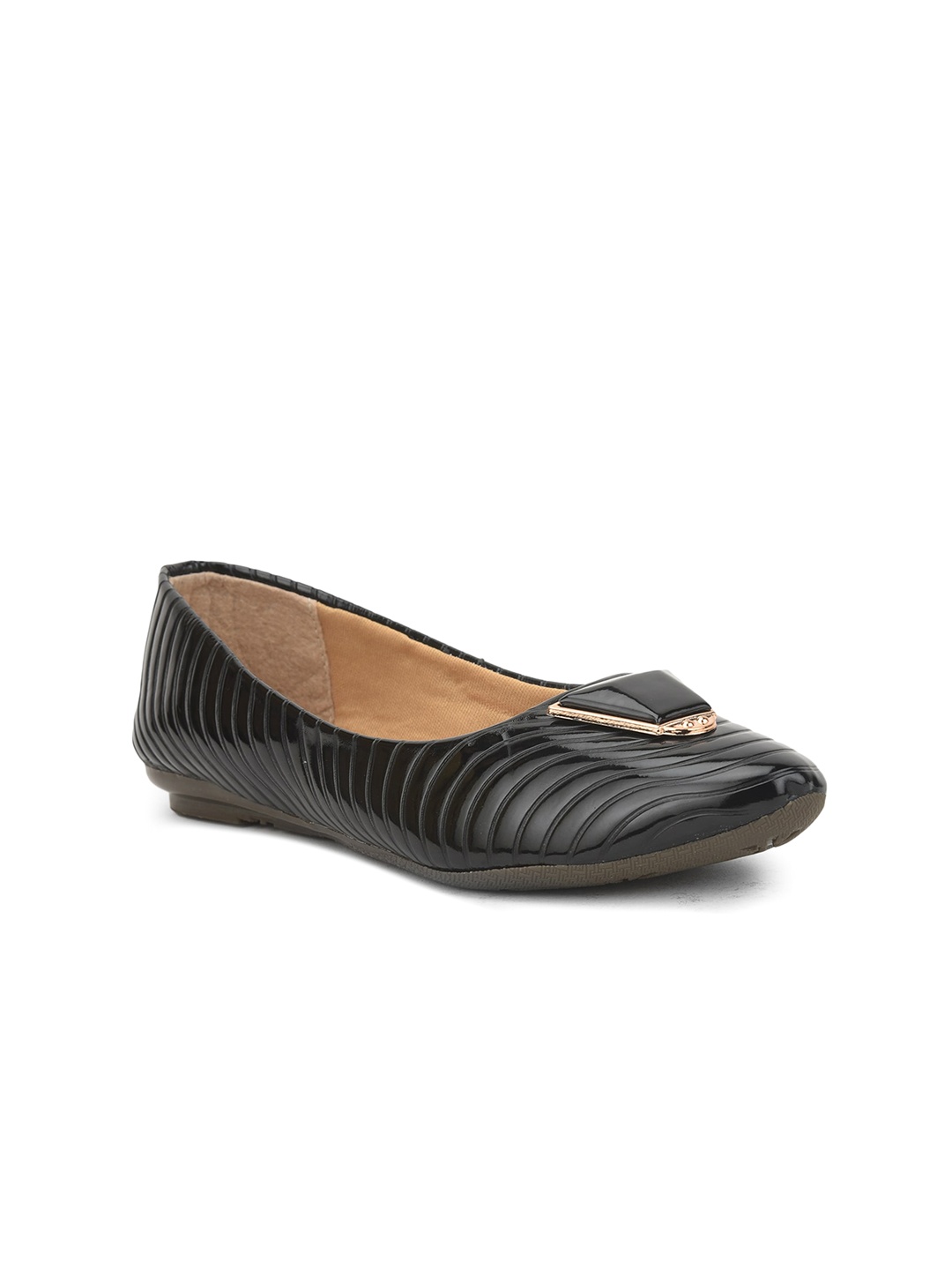 MEHNAM Striped Buckled Ballerinas, Black