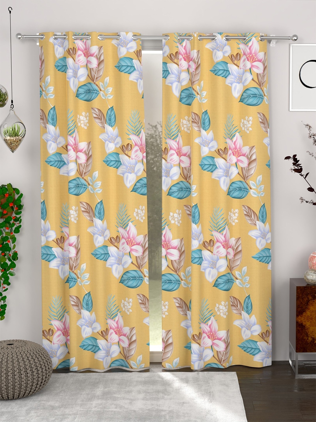 

CHHAVI INDIA 2 Pcs Yellow & White Floral Sheer Door Curtain