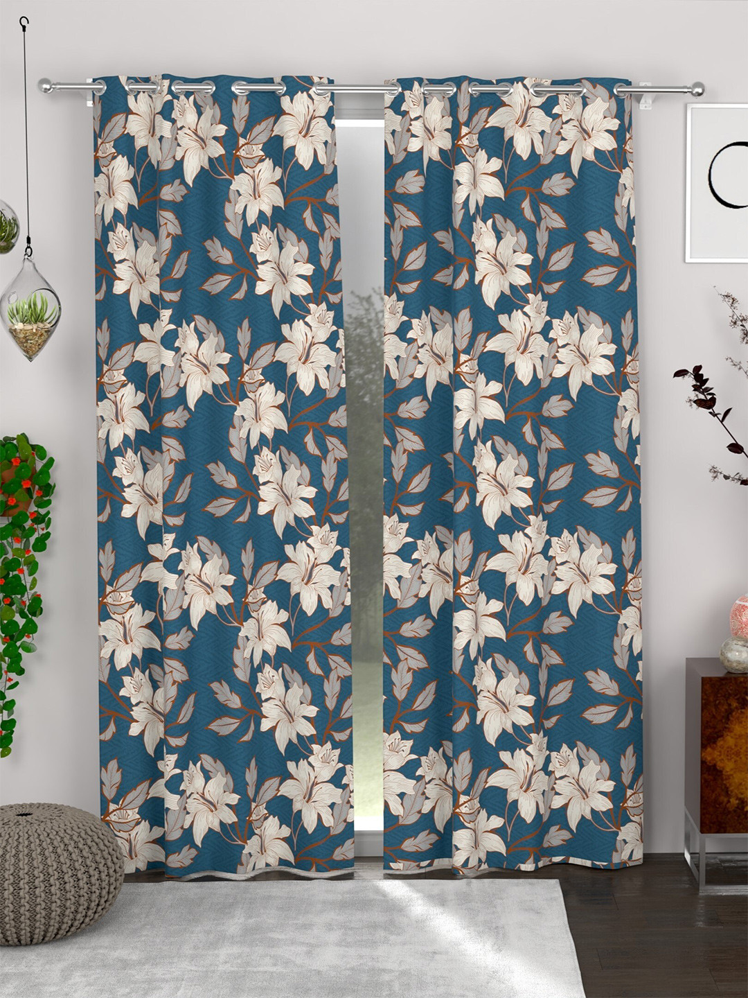 

CHHAVI INDIA 2 Pcs Blue & White Floral Sheer Door Curtain