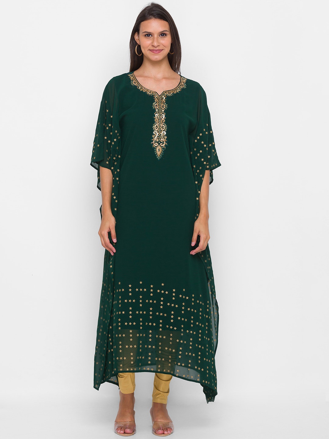 

ZOLA Printed Kimono Sleeves Beads & Stones Georgette Kaftan Kurta, Green
