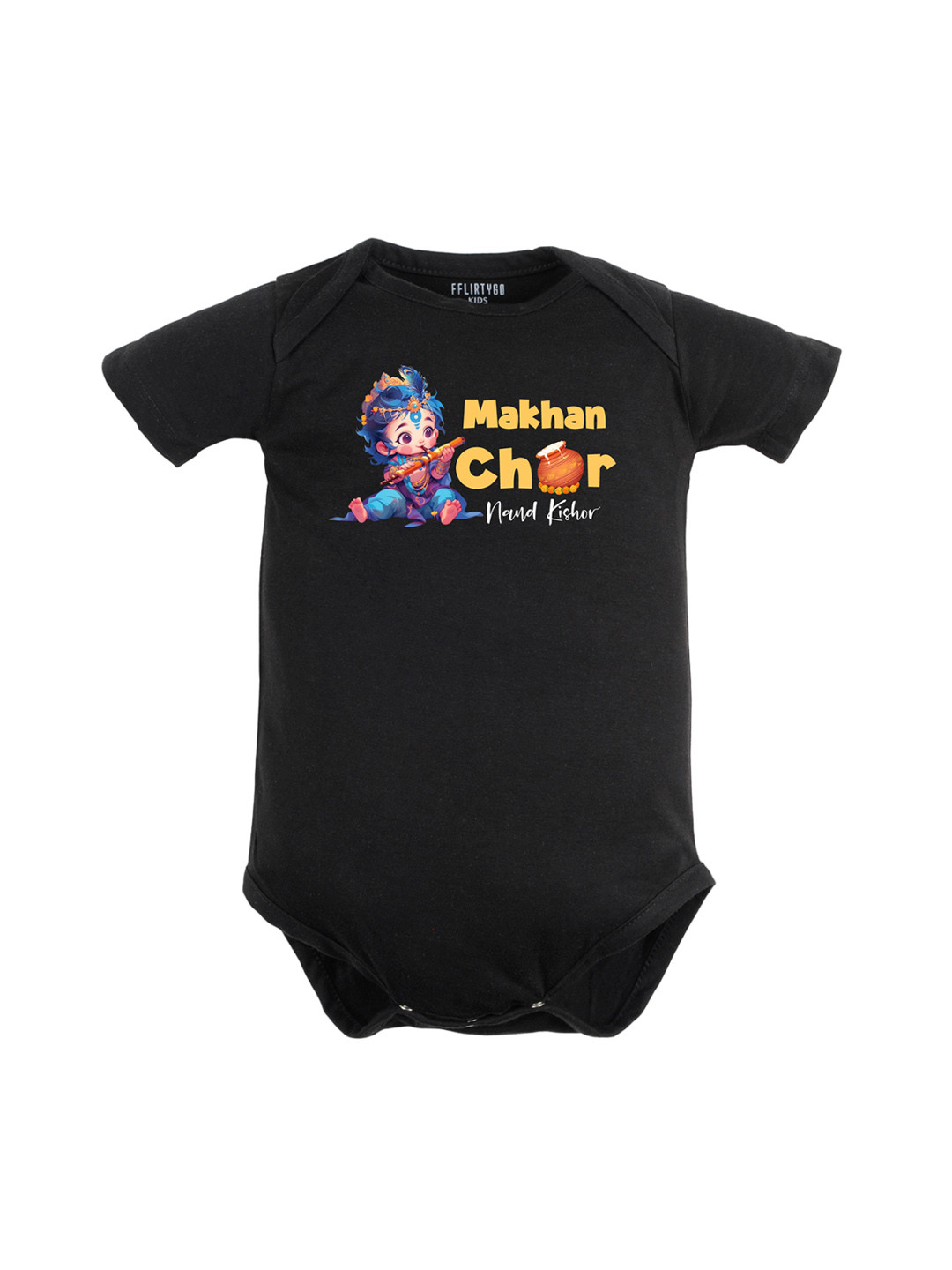 

FFLIRTYGO Infants Janmashtami Printed Pure Cotton Bodysuit, Black