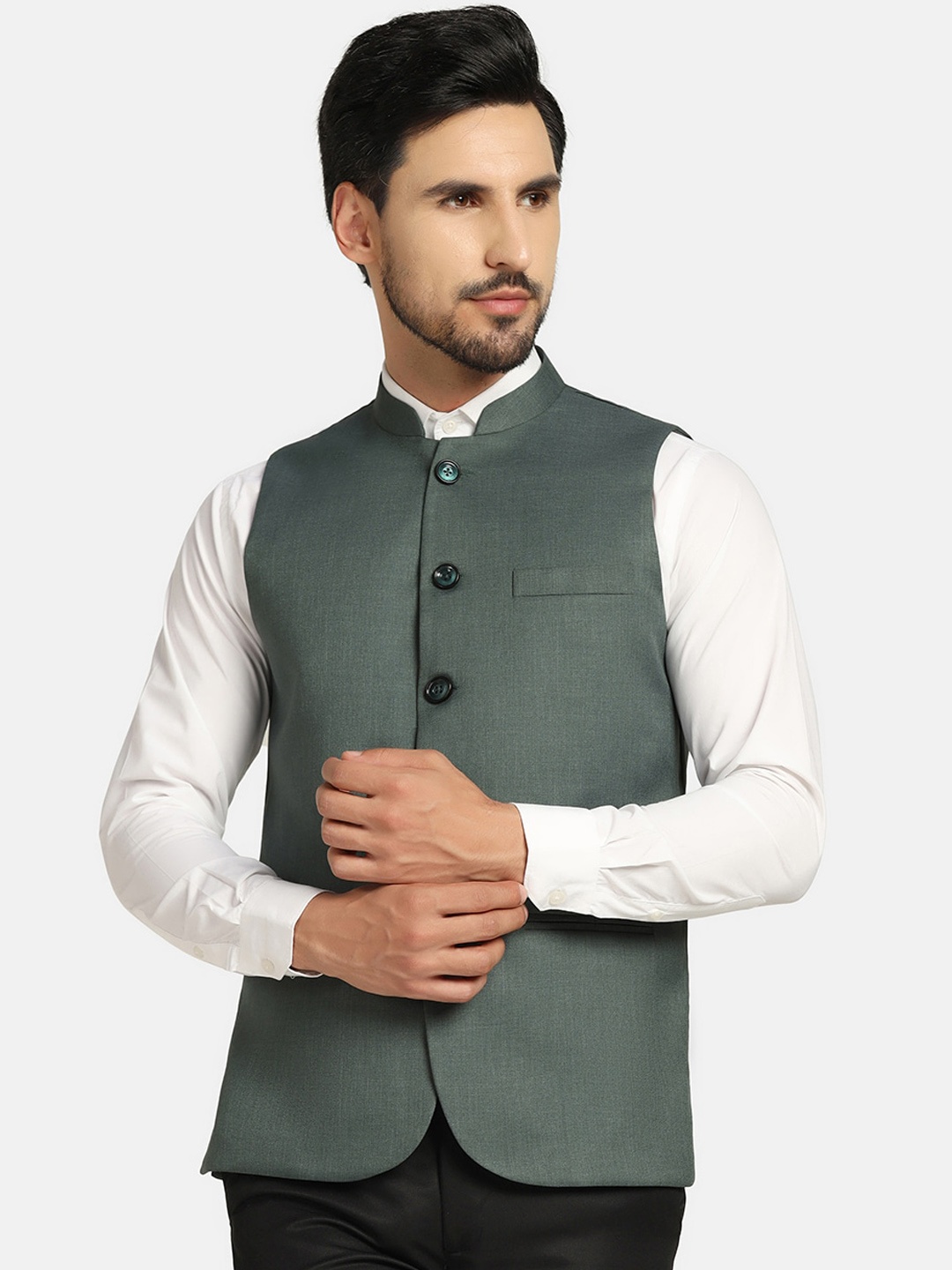 

TAHVO Mandarin Collar Nehru Jacket, Green