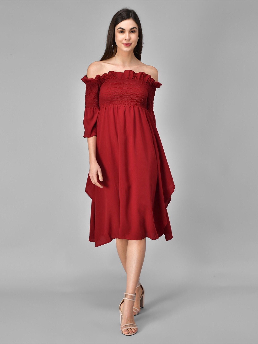 

MAZIE Off-Shoulder Crepe Empire Midi Dress, Maroon