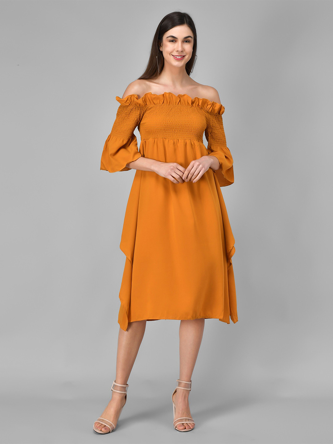 

MAZIE Off-Shoulder Bell Sleeve Crepe Fit & Flare Midi Dress, Yellow