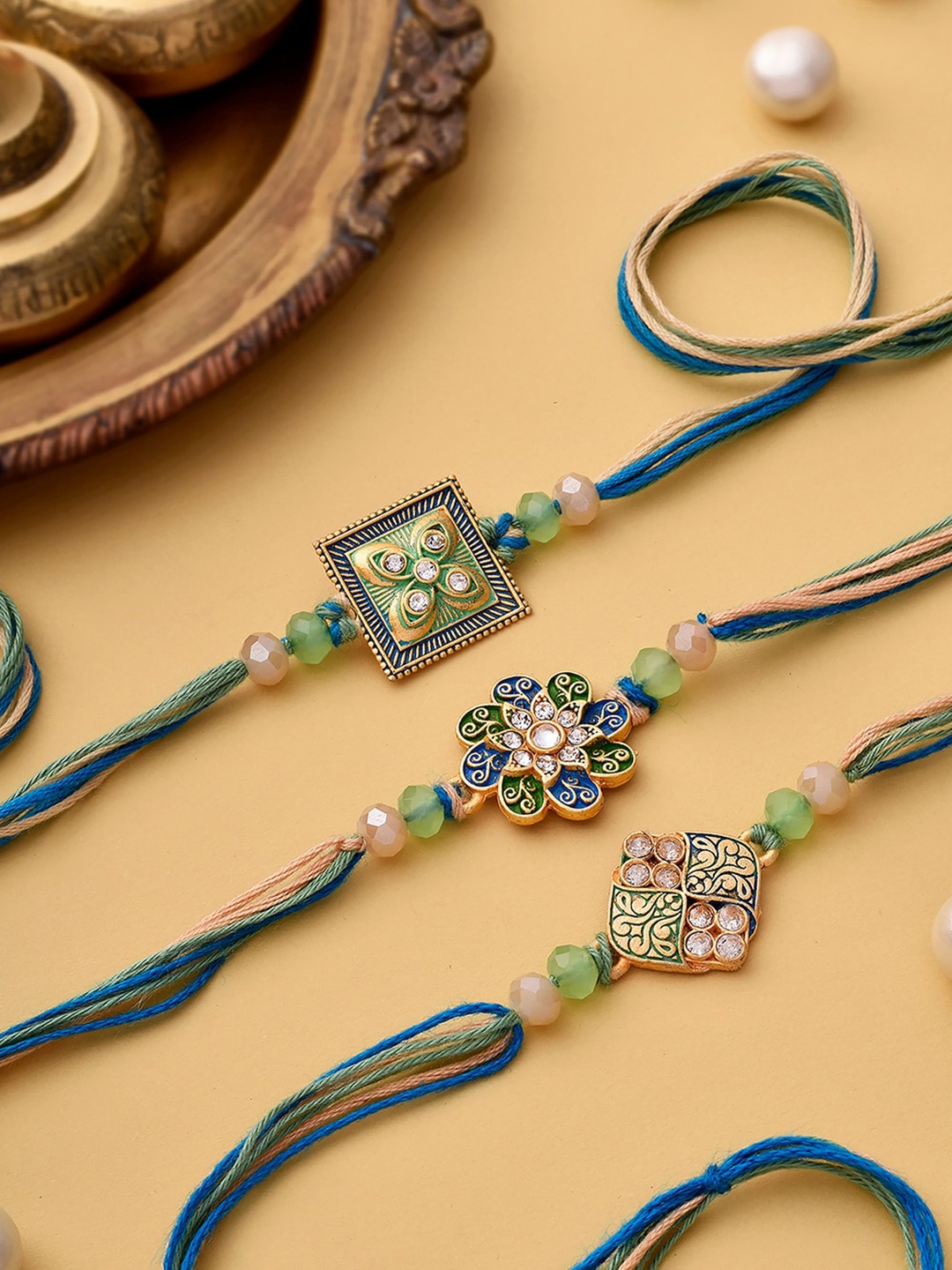 

RawFruit Set Of 3 Stones Studded & Beaded Rakhi With Dried Nuts Gift Pack, Blue