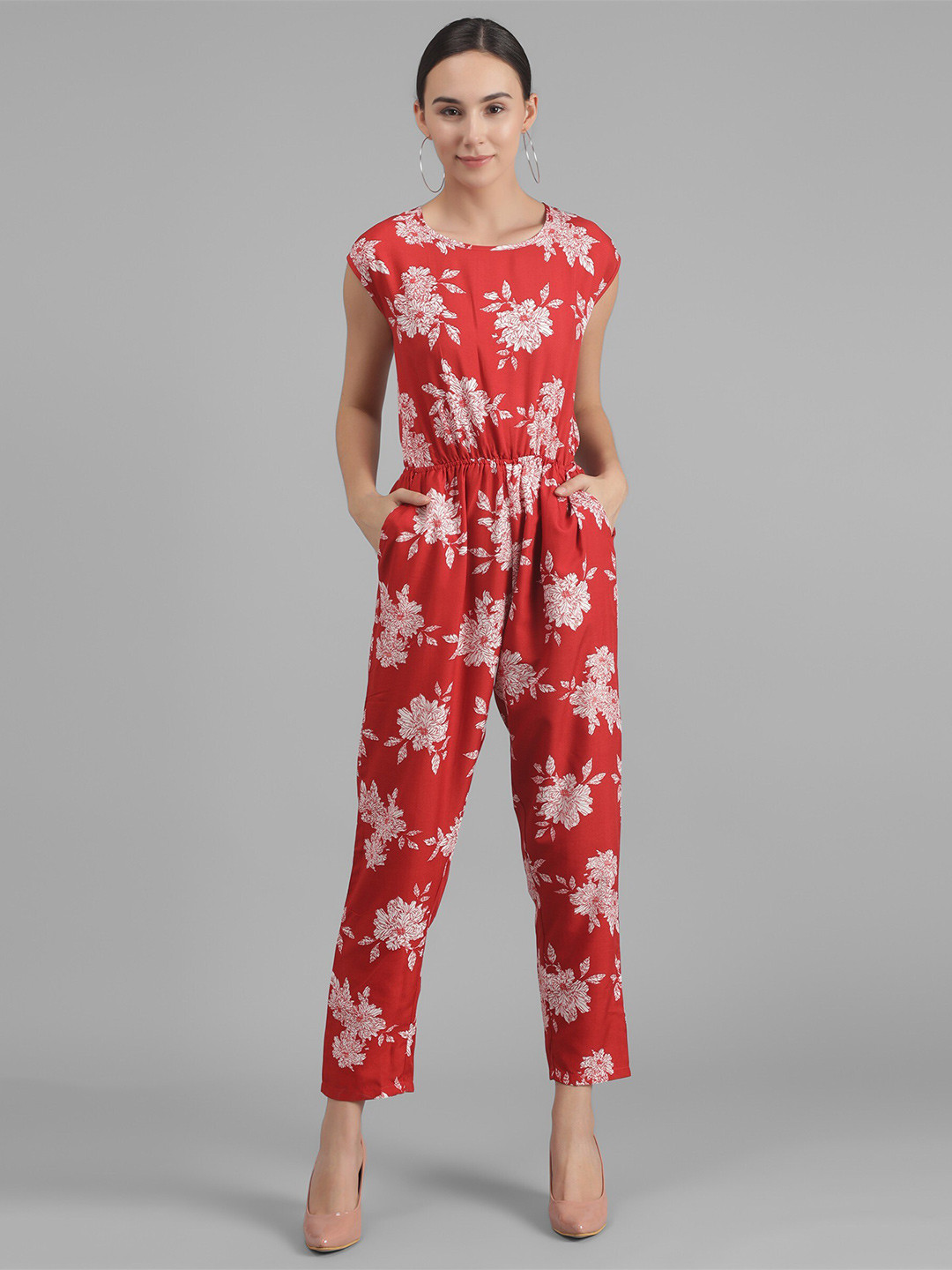 

MAZIE Round Neck Floral Printed Gathers Organic Cotton Basic Jumpsuit, Red