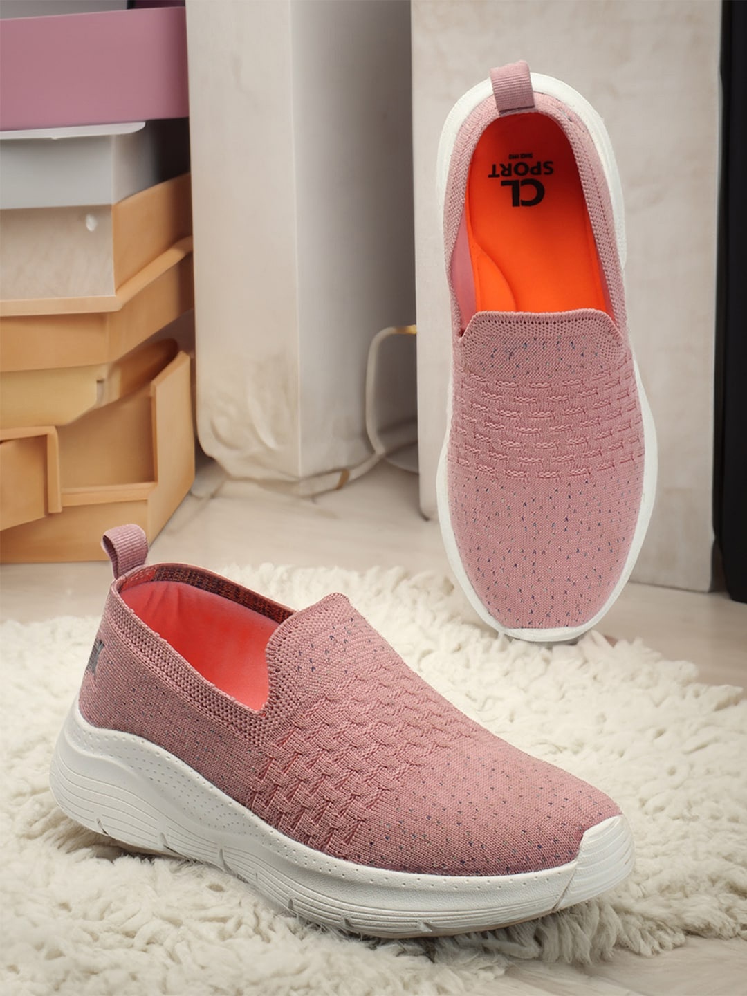 Carlton London sports Women Textured Lightweight Slip-On Sneakers, Nude