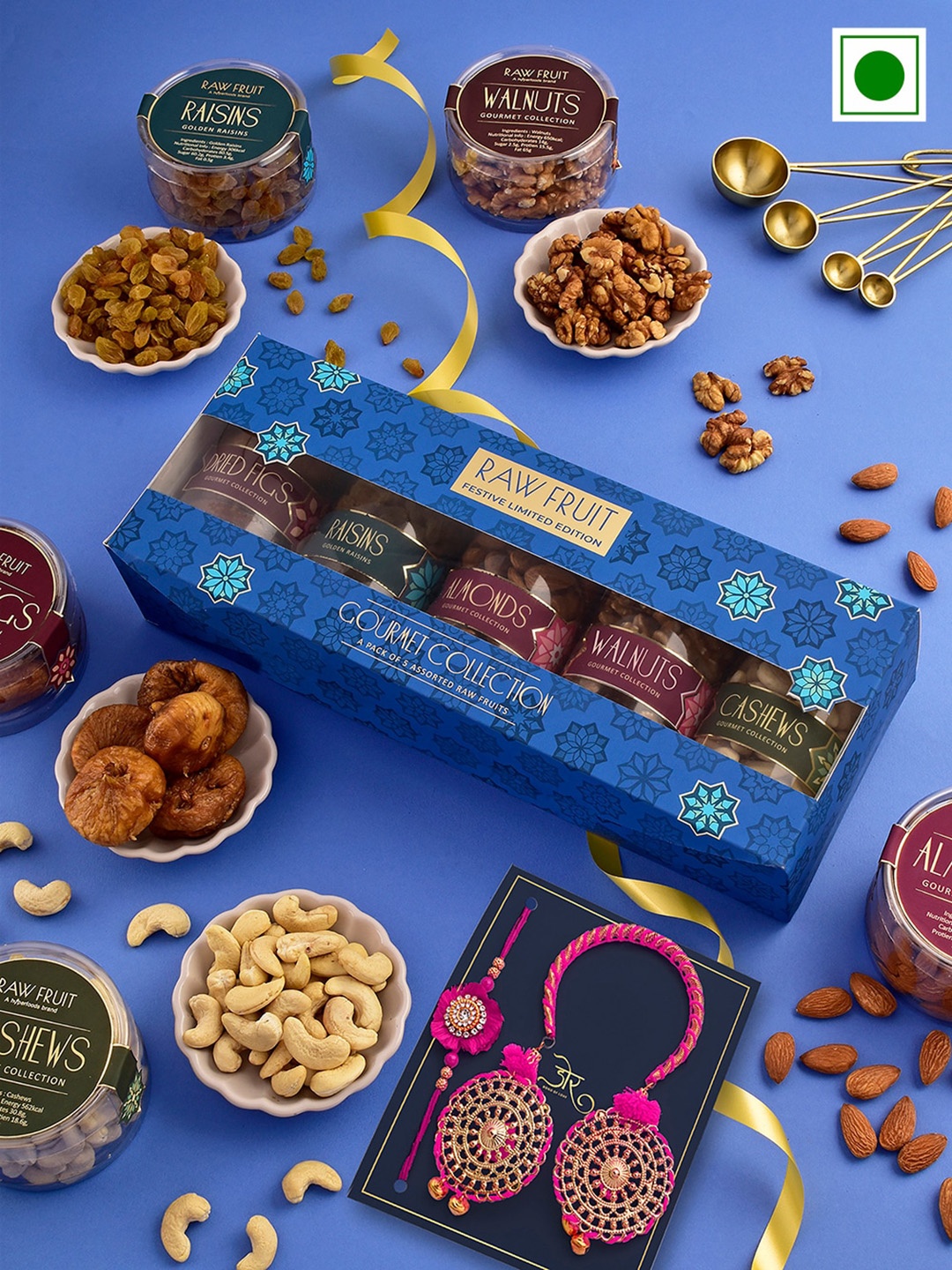 

RawFruit Set Of 2 Beaded Rakhi With Dry Fruits Gift Set, Gold