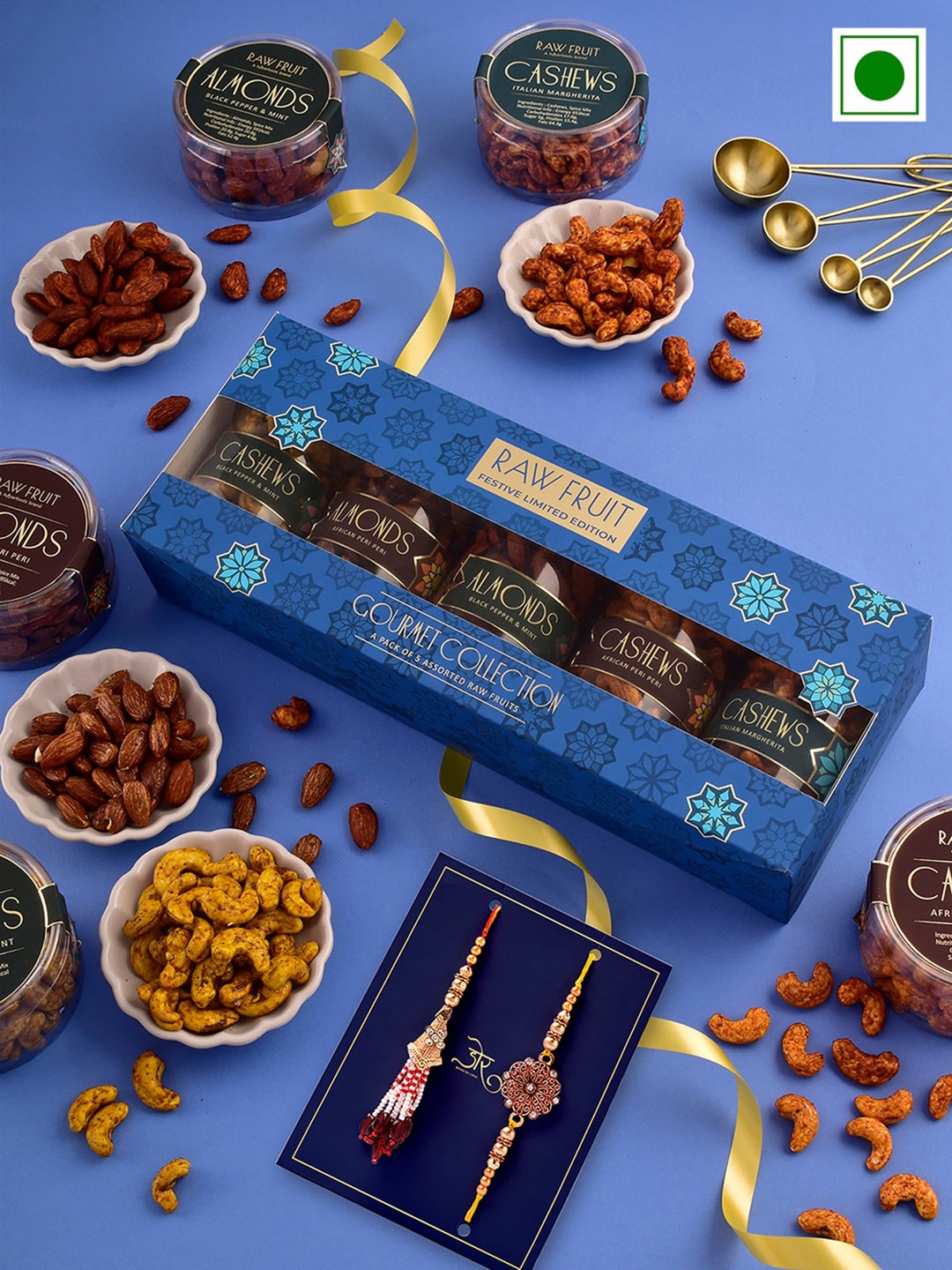 

RawFruit Set Of 2 Beaded Rakhi with Roasted Nuts Gift Set -220g, Gold