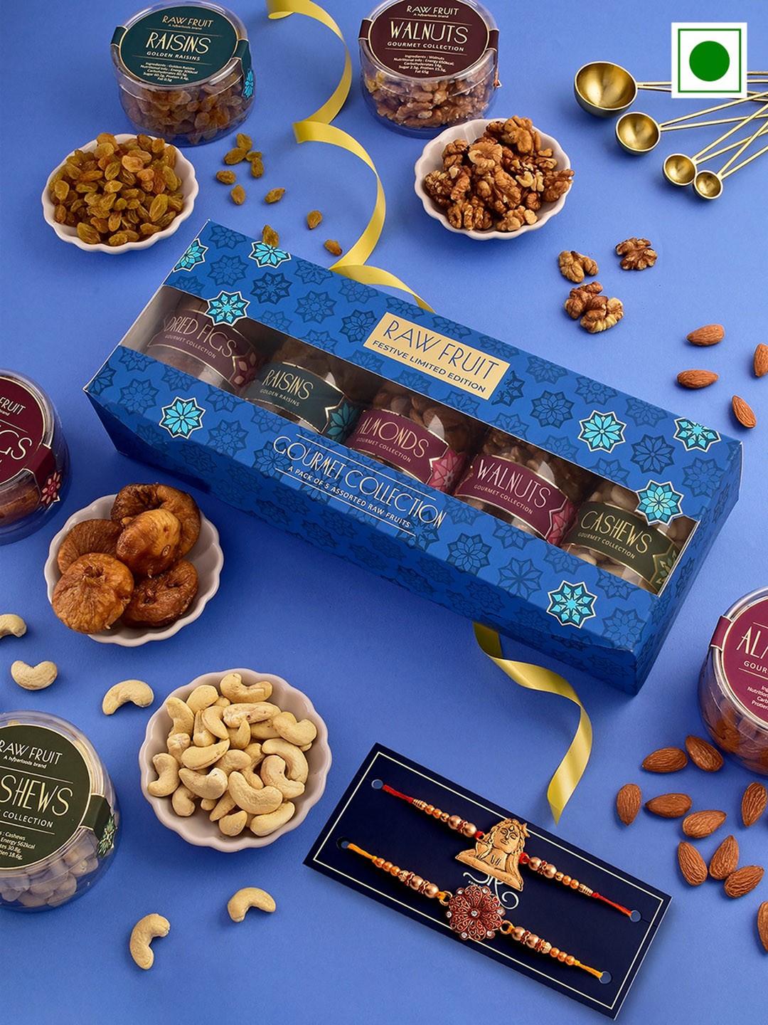 

RawFruit Set Of 2 Rakhi with Dry Fruits Gift Set, Gold