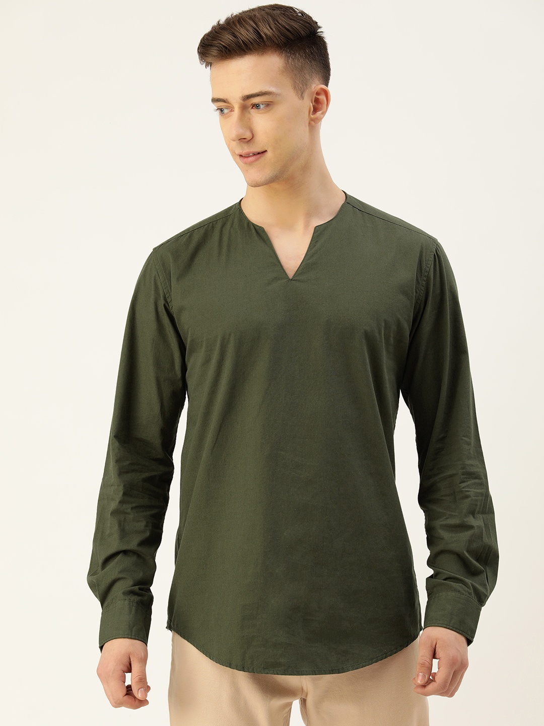 

Bene Kleed Men Slim Fit Pure Cotton Short Kurta, Olive