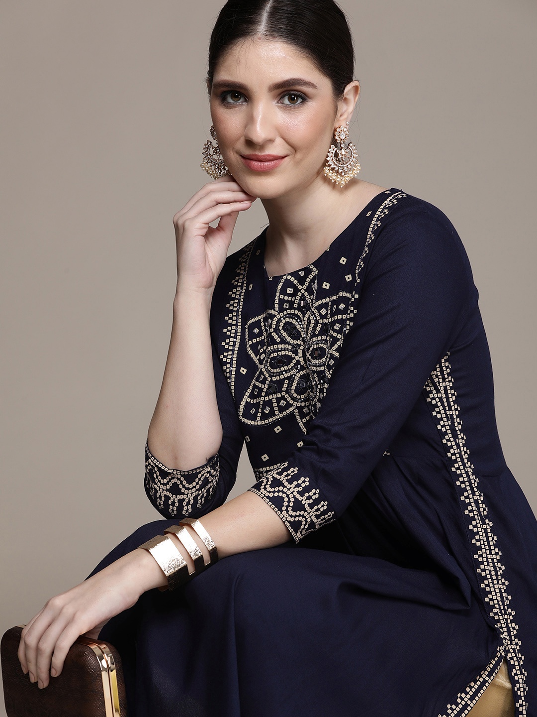 

Anouk Bandhani Printed Mirror Work Kurta, Navy blue