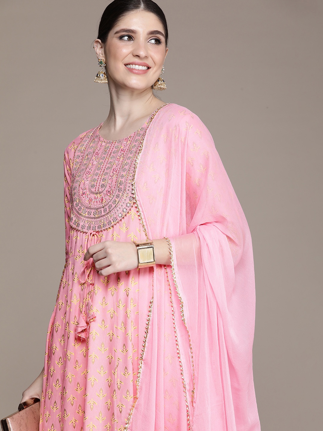 

Anouk Ethnic Motifs Foil Printed Regular Sequinned Kurta with Trousers & Dupatta, Pink