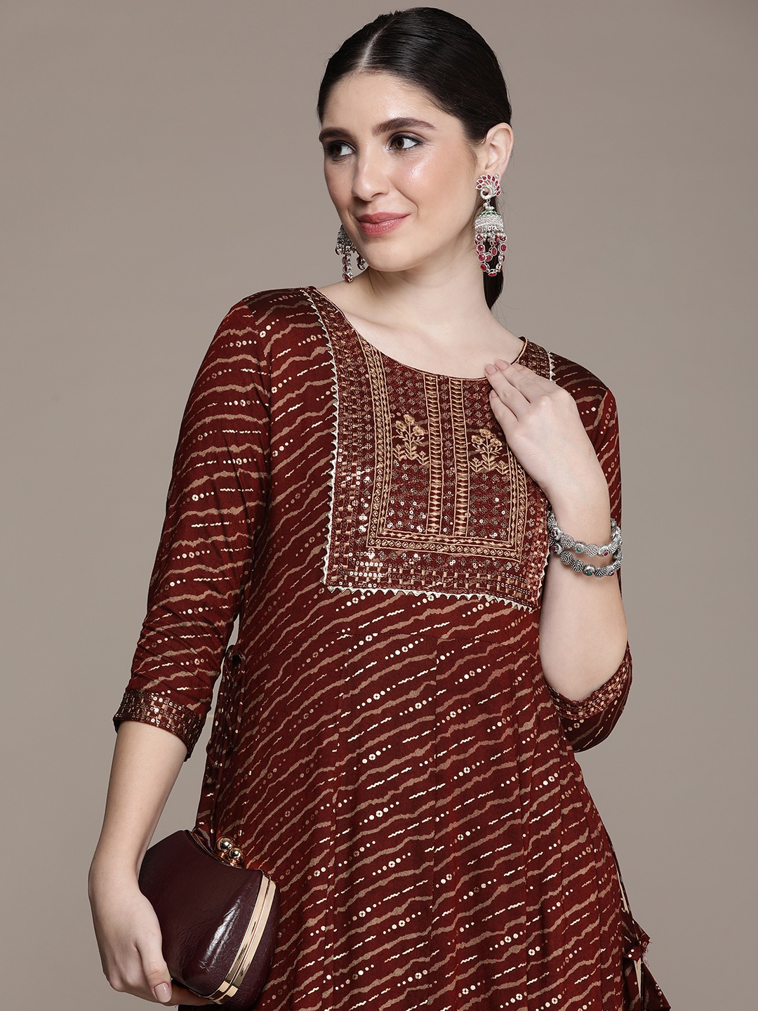 

Anouk Maroon Embroidered A-Line Midi Dress