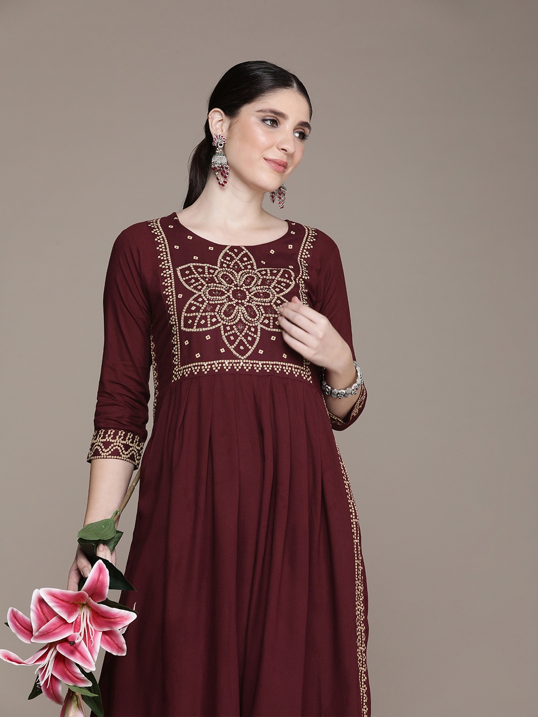 

Anouk Bandhani Printed Mirror Work Kurta, Burgundy