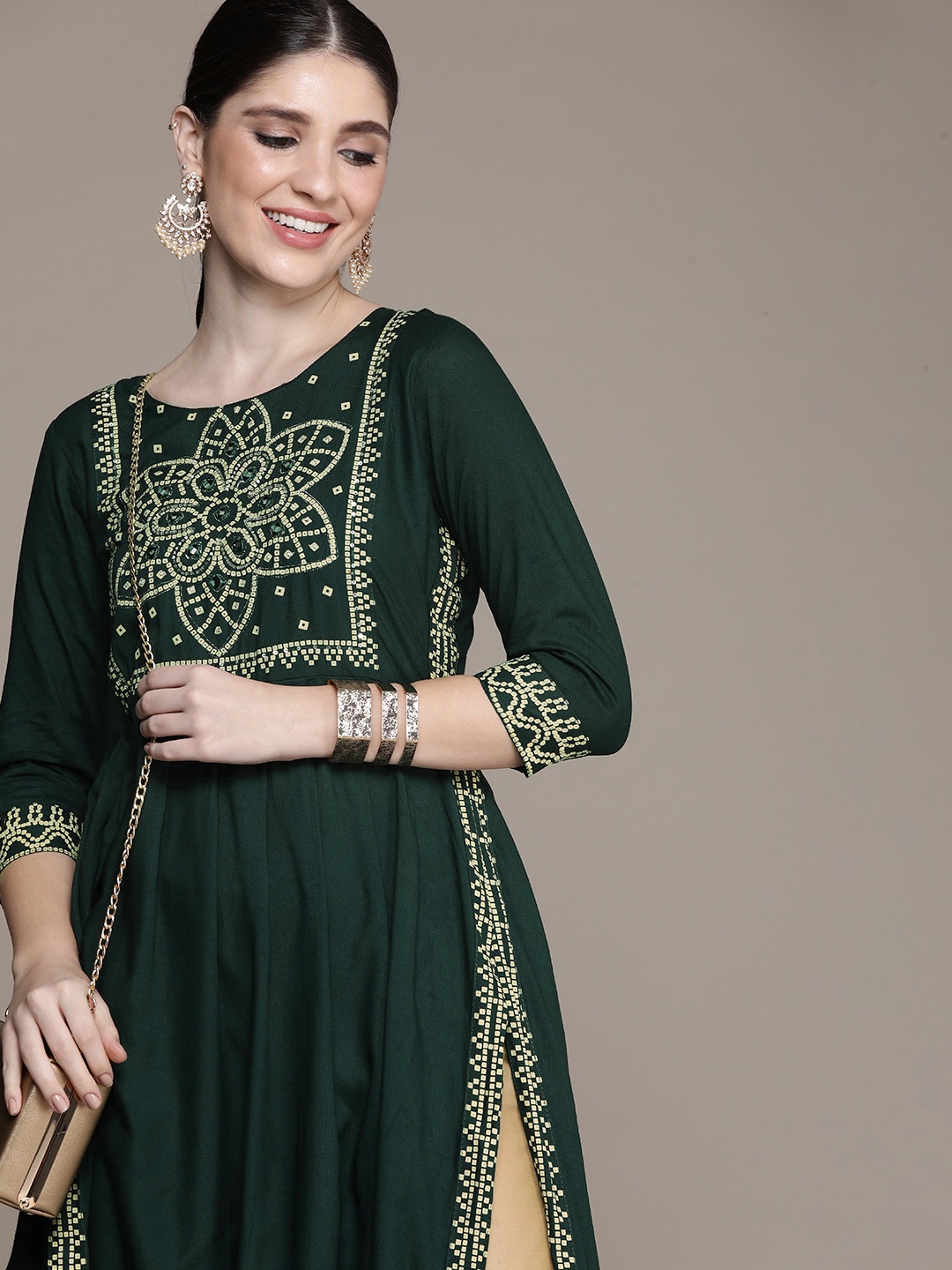 

Anouk Bandhani Printed Mirror Work Kurta, Green