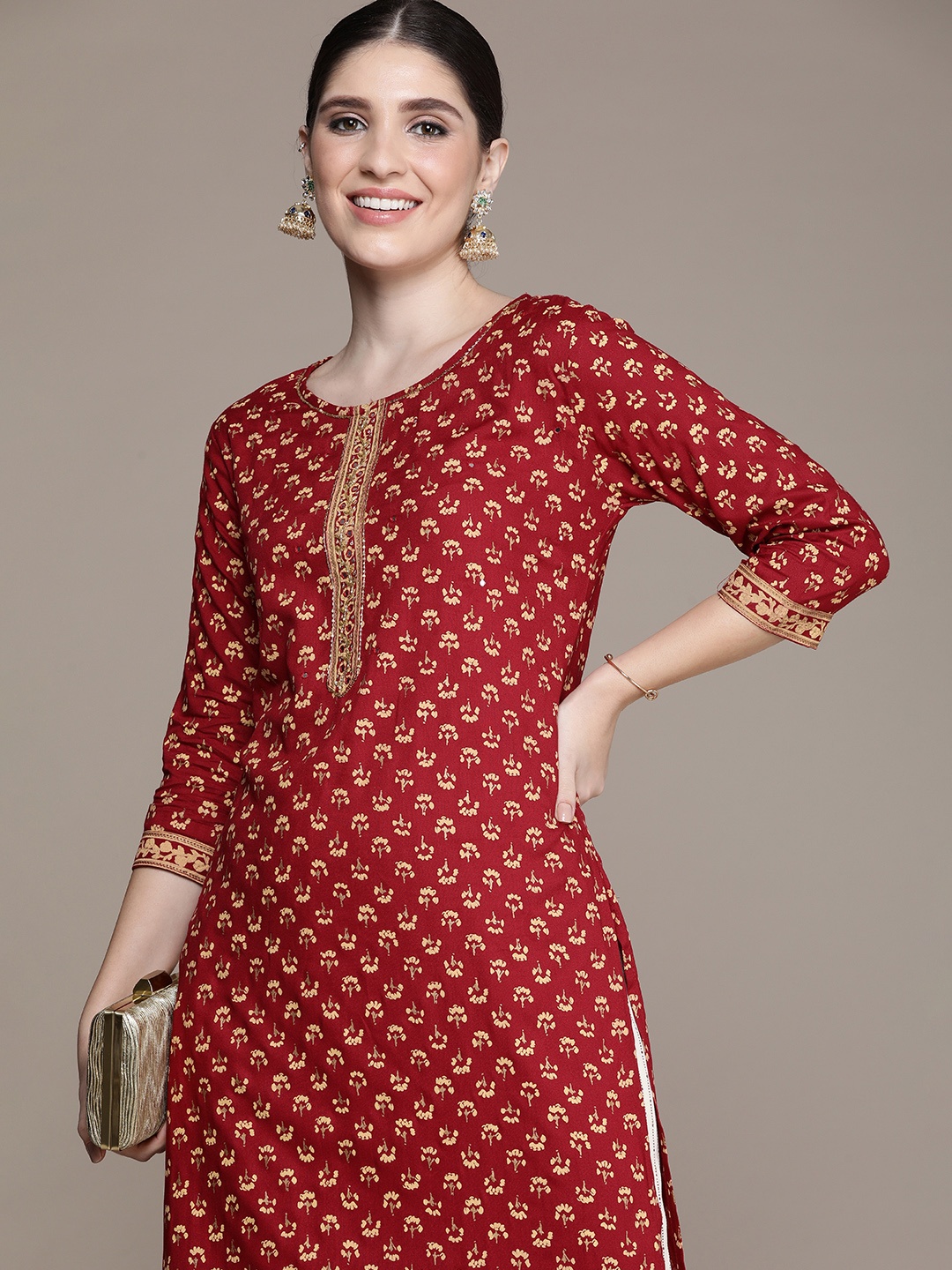 

Anouk Ethnic Motifs Printed Regular Mirror Work Kurta with Trousers, Red