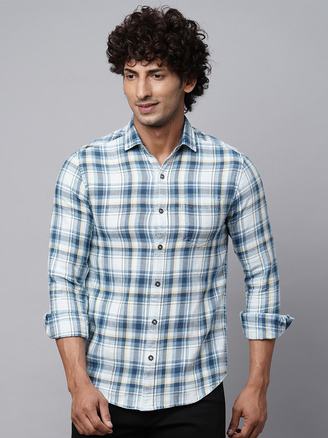 

Blue Buddha Tartan Checked Spread Collar Cotton Casual Shirt, White