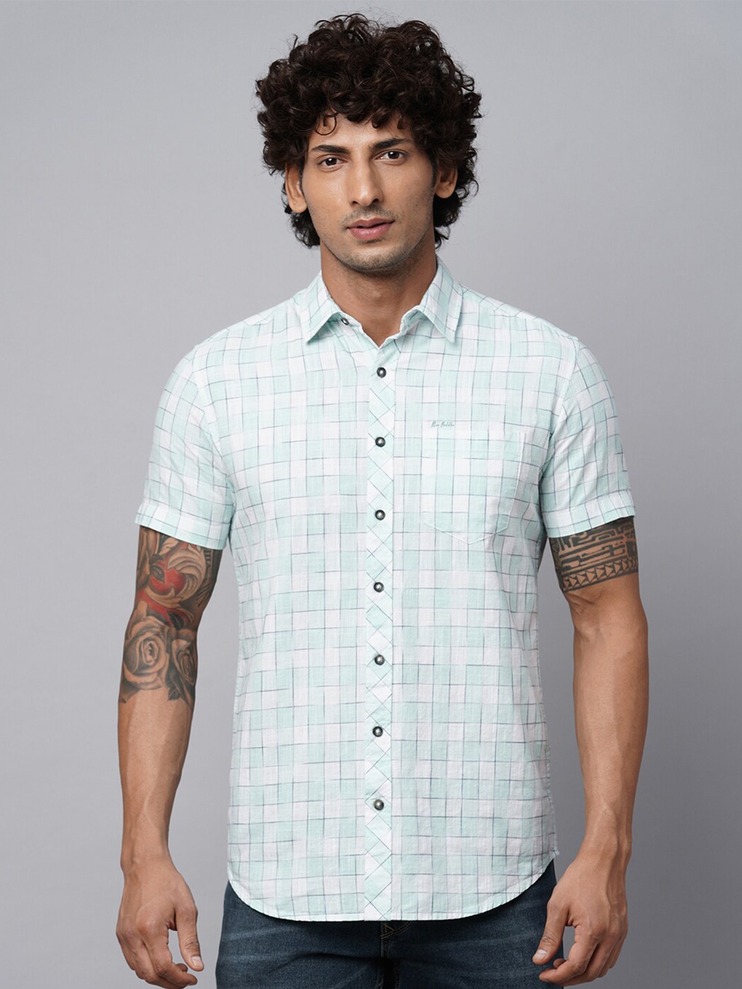 

Blue Buddha Gingham Checked Spread Collar Cotton Casual Shirt, White