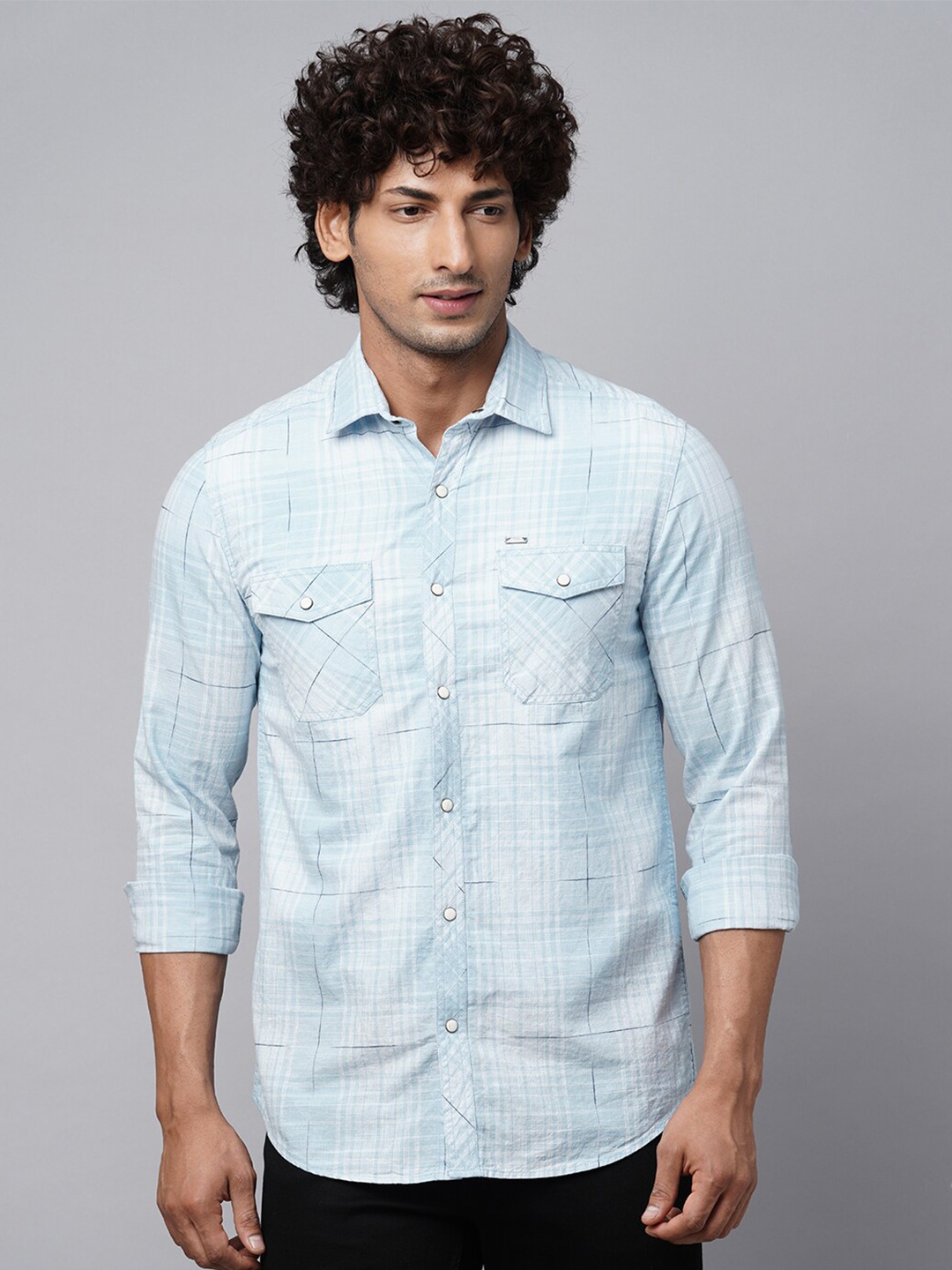 

Blue Buddha Tartan Checked Spread Collar Cotton Casual Shirt