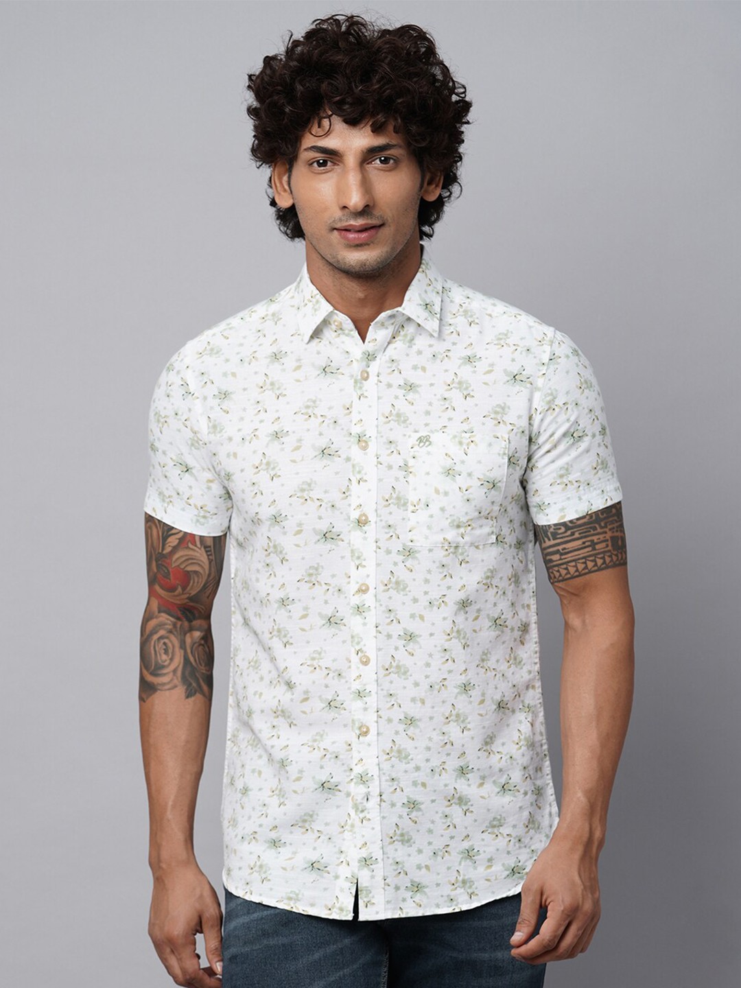 

Blue Buddha Floral Printed Spread Collar Cotton Casual Shirt, White