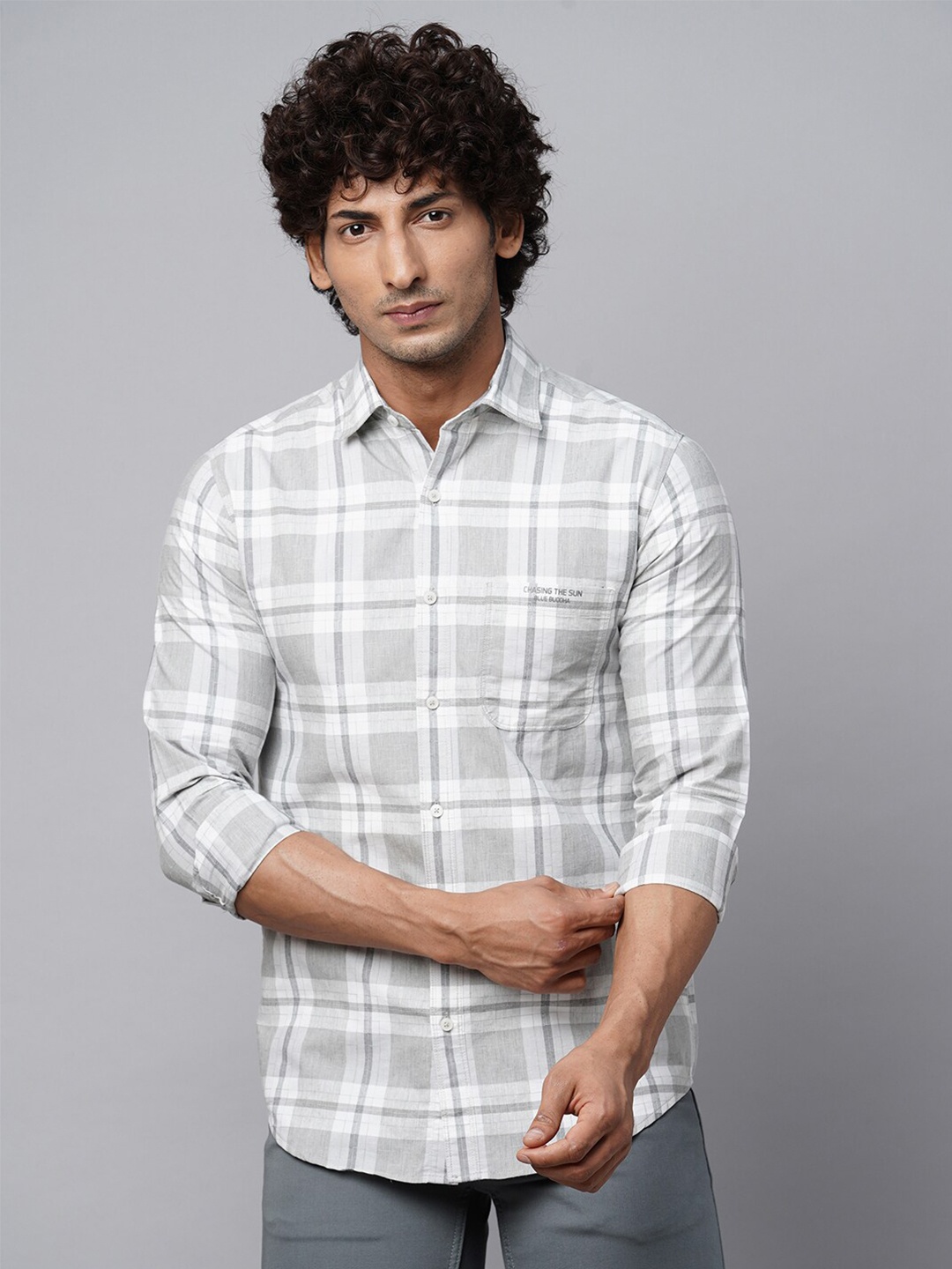 

Blue Buddha Windowpane Checked Spread Collar Cotton Casual Shirt, White