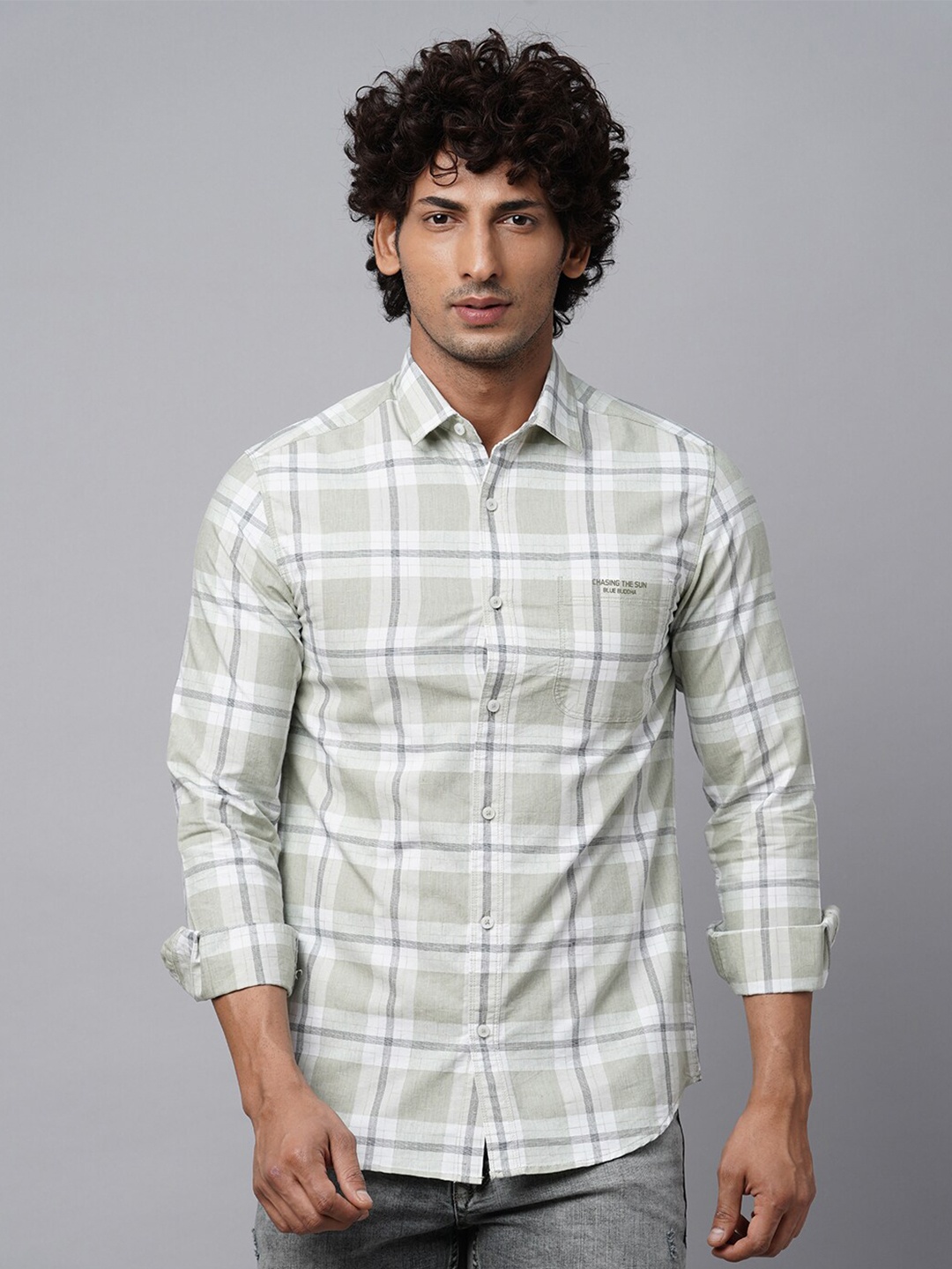 

Blue Buddha Windowpane Checked Spread Collar Cotton Casual Shirt, White