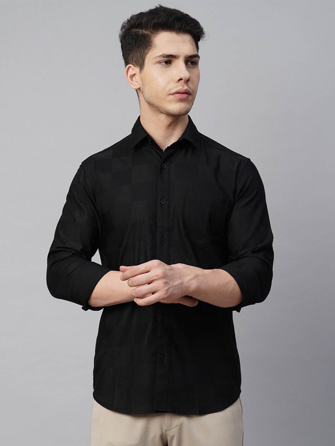 

Blue Buddha Buffalo Checked Spread Collar Cotton Casual Shirt, Black