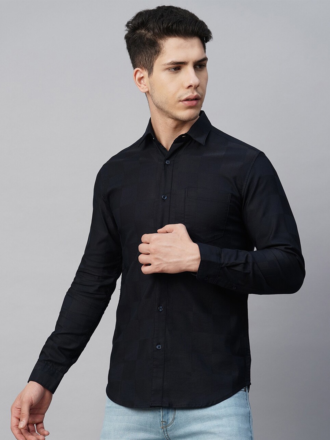 

Blue Buddha Spread Collar Cotton Casual Shirt, Navy blue