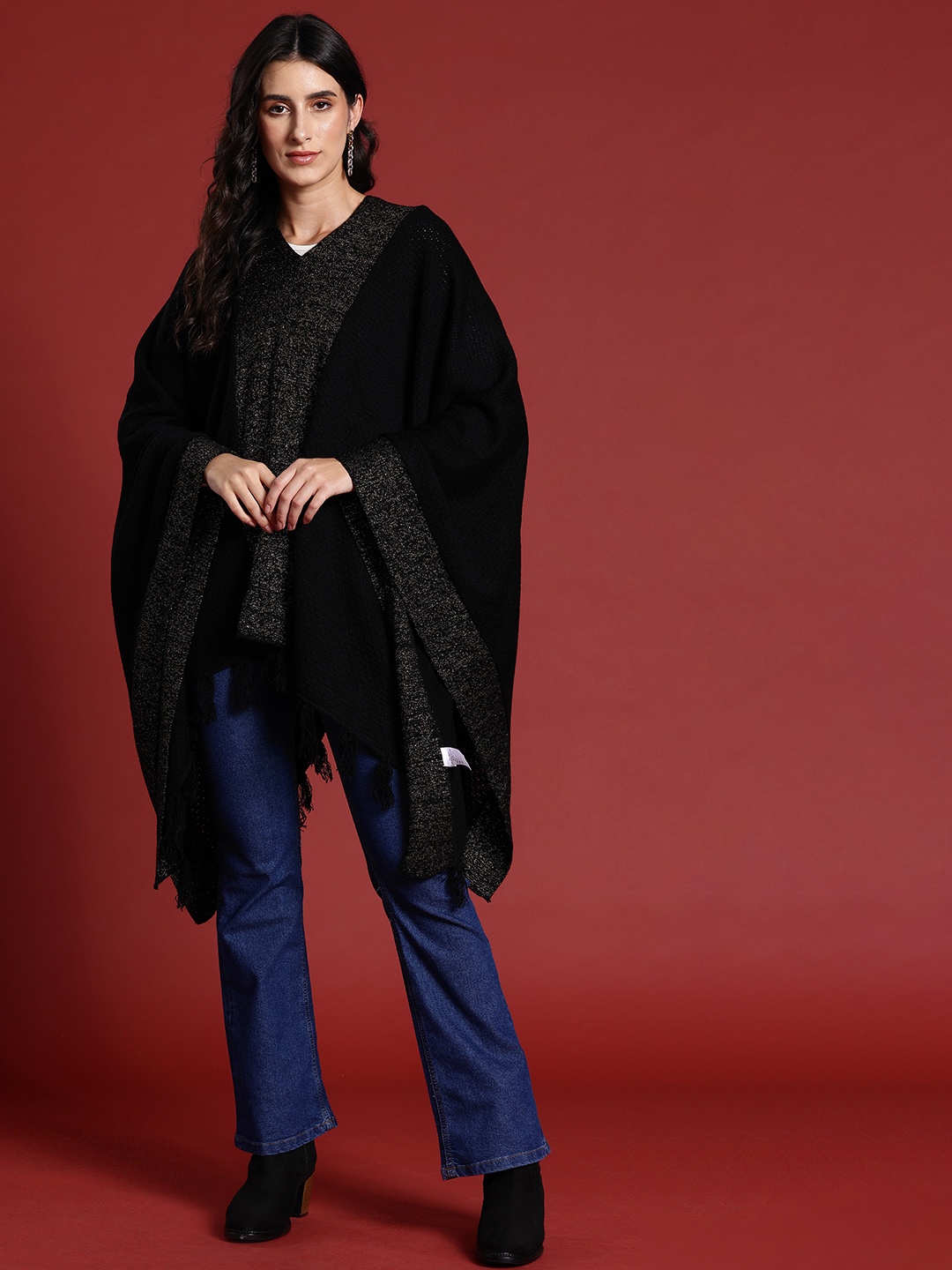 all about you Women Shimmery Longline Poncho, Black