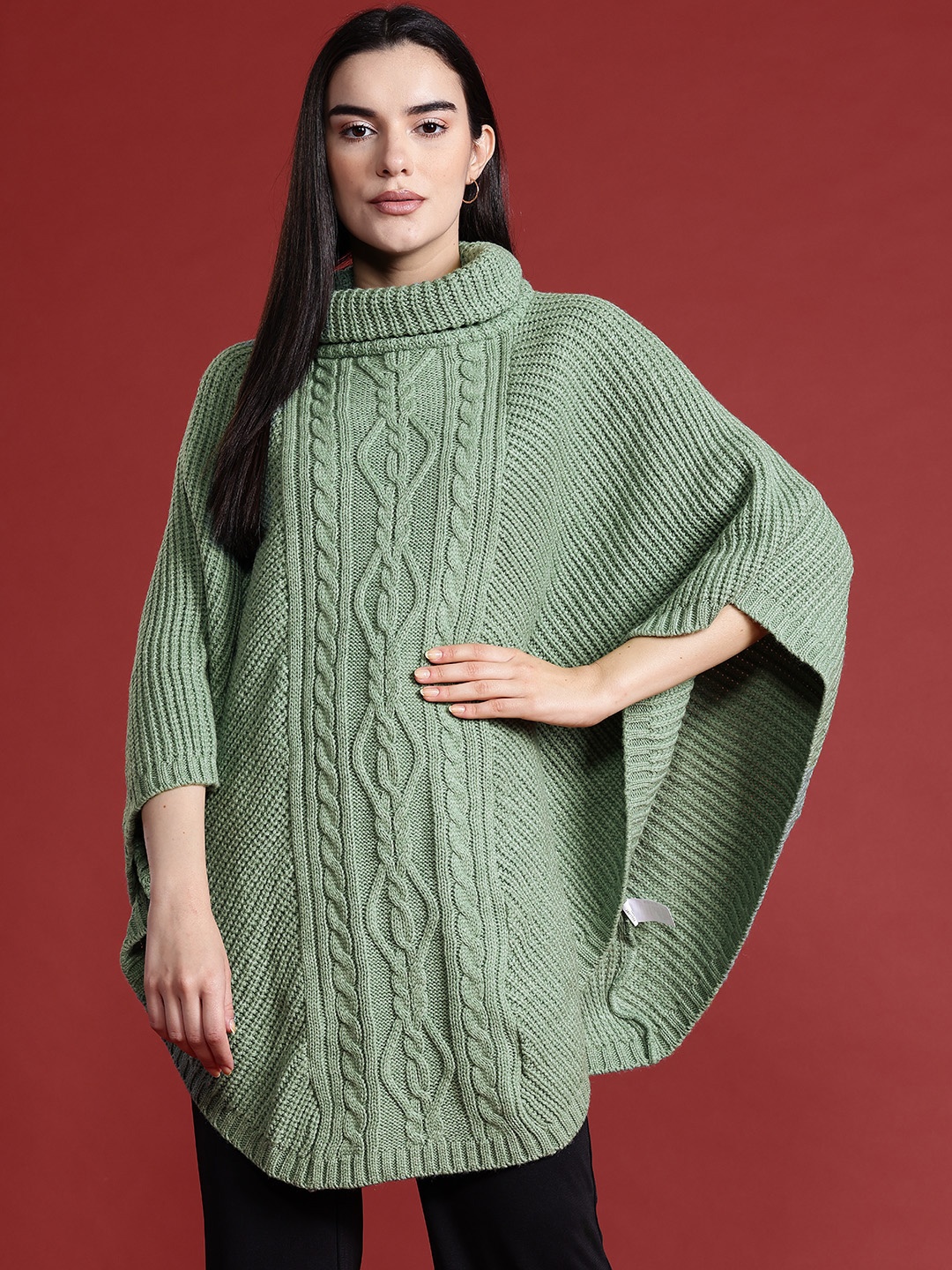 

all about you Women Cable Knit Longline Poncho, Green